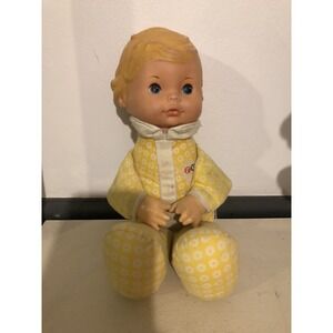 Vintage Fisher Price 1975 Honey Lap Sitter 12" Yellow Floral Baby Doll 208 Used